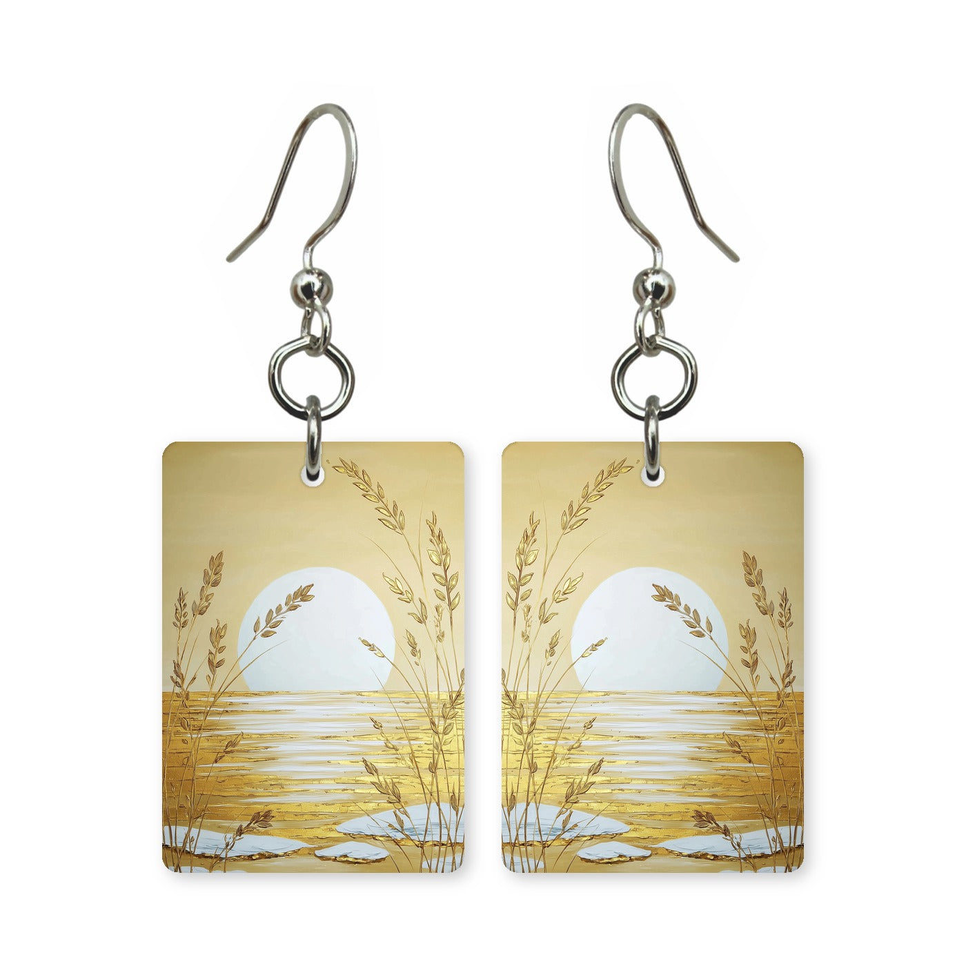 Golden wheatfield earrings — gold wheatfield running to the horizon, cut-paper landscape