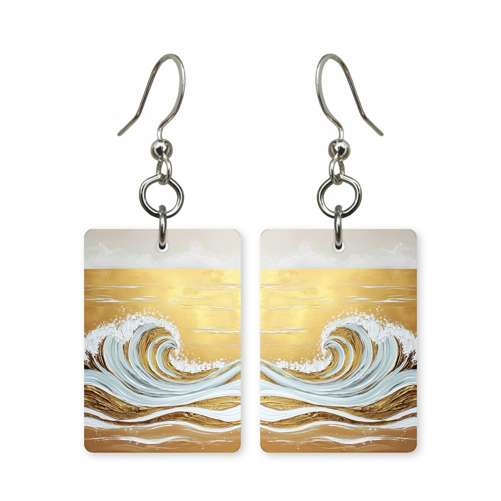 Golden wave earrings — wave curling over in warm gold, cut-paper art, made in USA