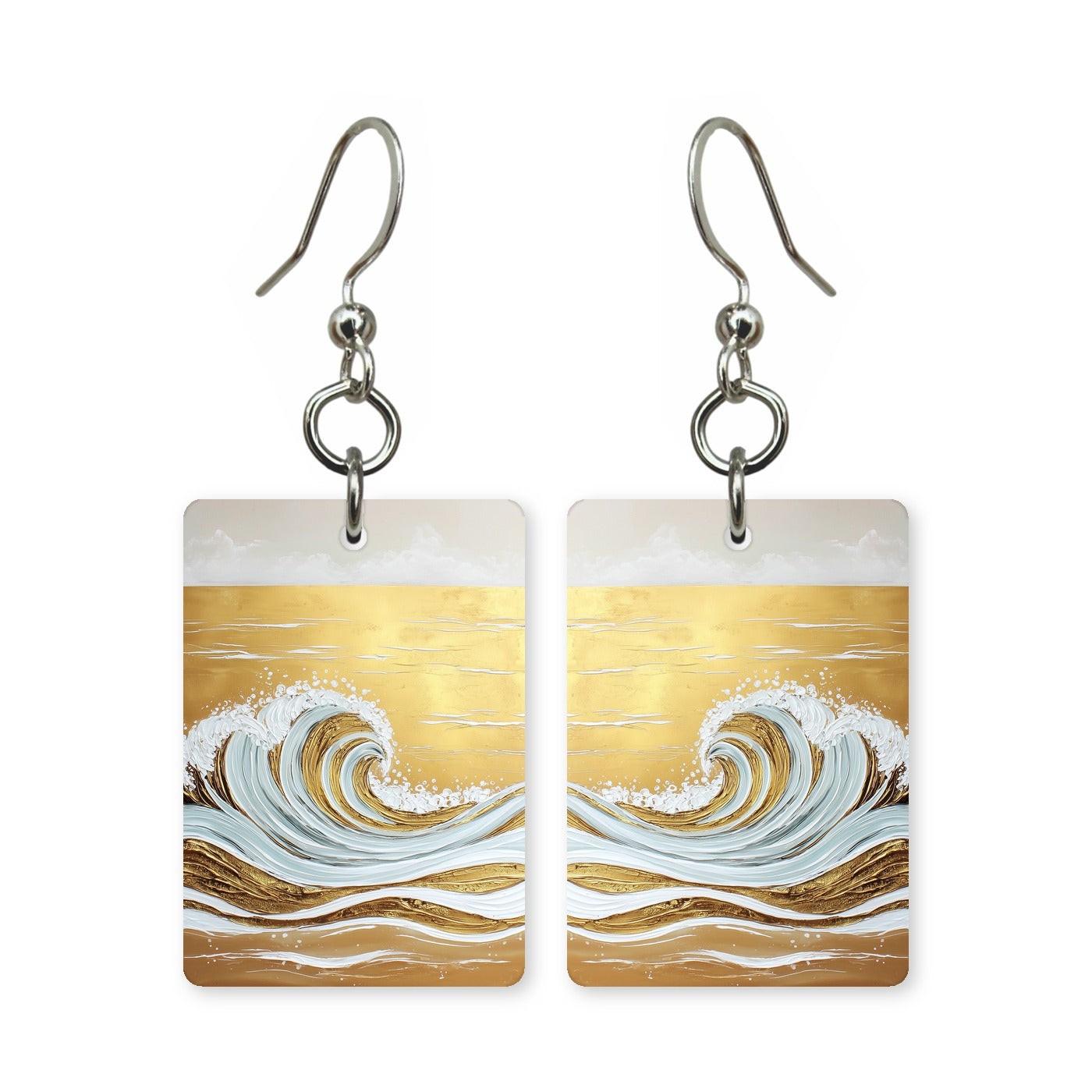 Golden wave earrings — wave curling over in warm gold, cut-paper art, made in USA