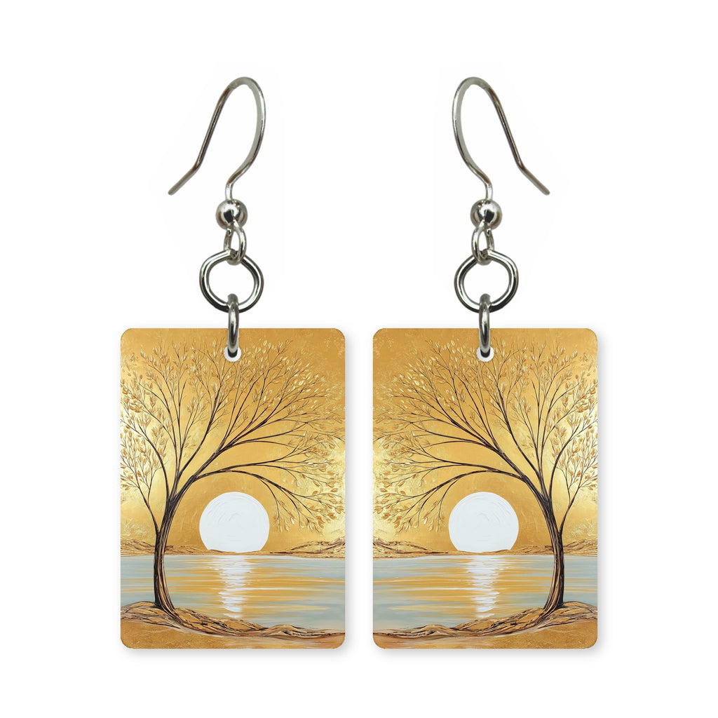 Moonlit tree earrings — lone tree under a full moon, cut-paper landscape, made in USA