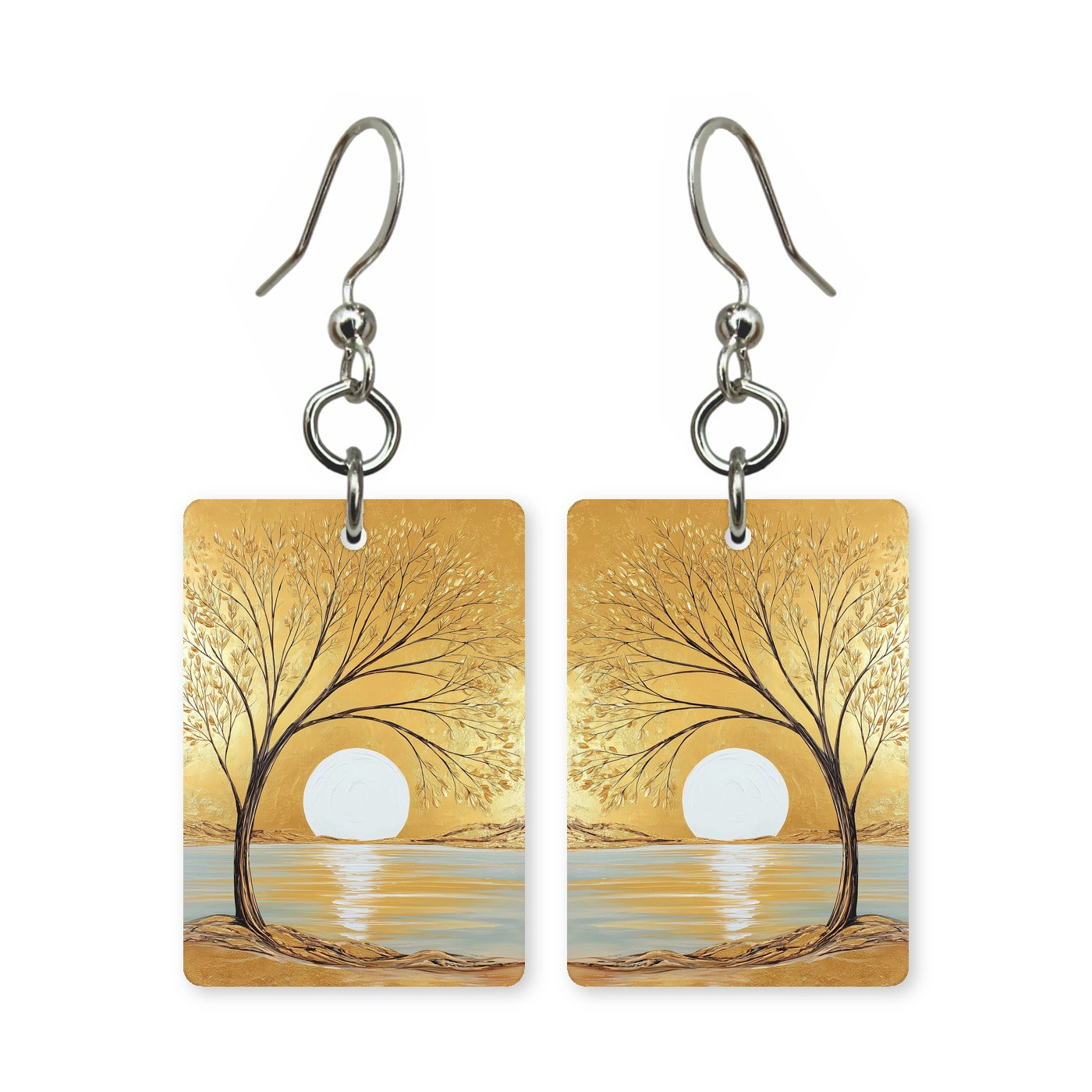 Moonlit tree earrings — lone tree under a full moon, cut-paper landscape, made in USA