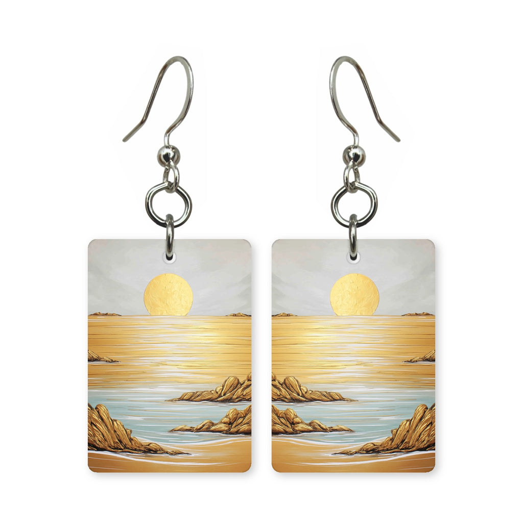 Amber sunset earrings — sunset through amber haze in cut-paper landscape, made in USA