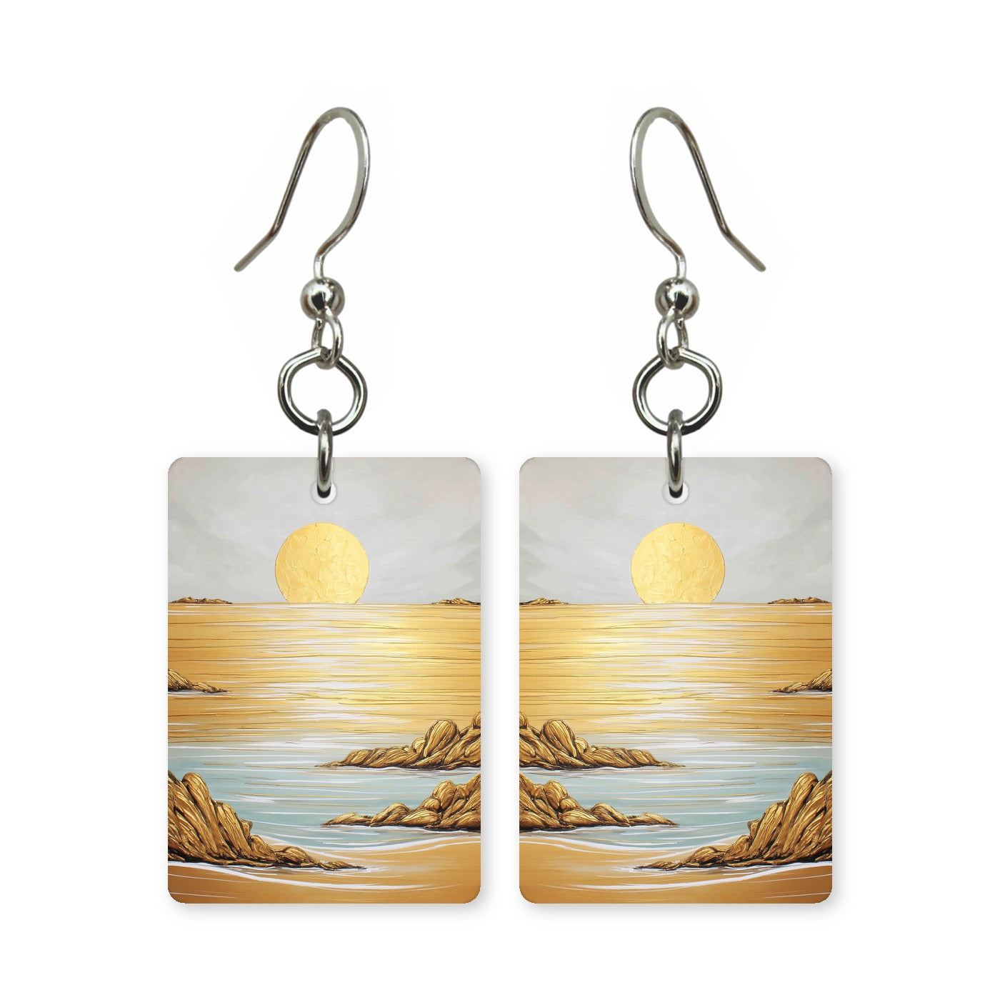 Amber sunset earrings — sunset through amber haze in cut-paper landscape, made in USA