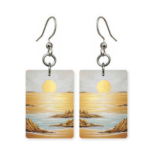 Amber sunset earrings — sunset through amber haze in cut-paper landscape, made in USA
