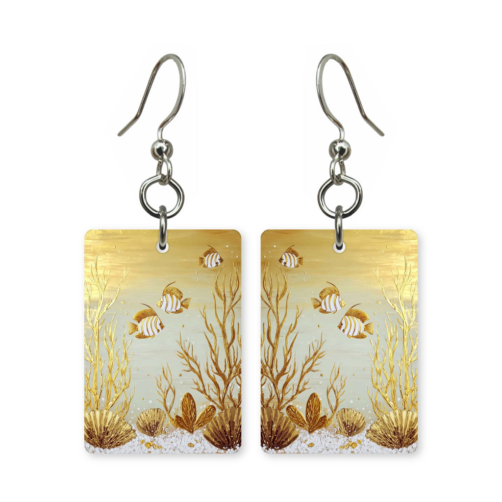 Golden reef earrings — coral reef lit gold from above, cut-paper art, made in USA