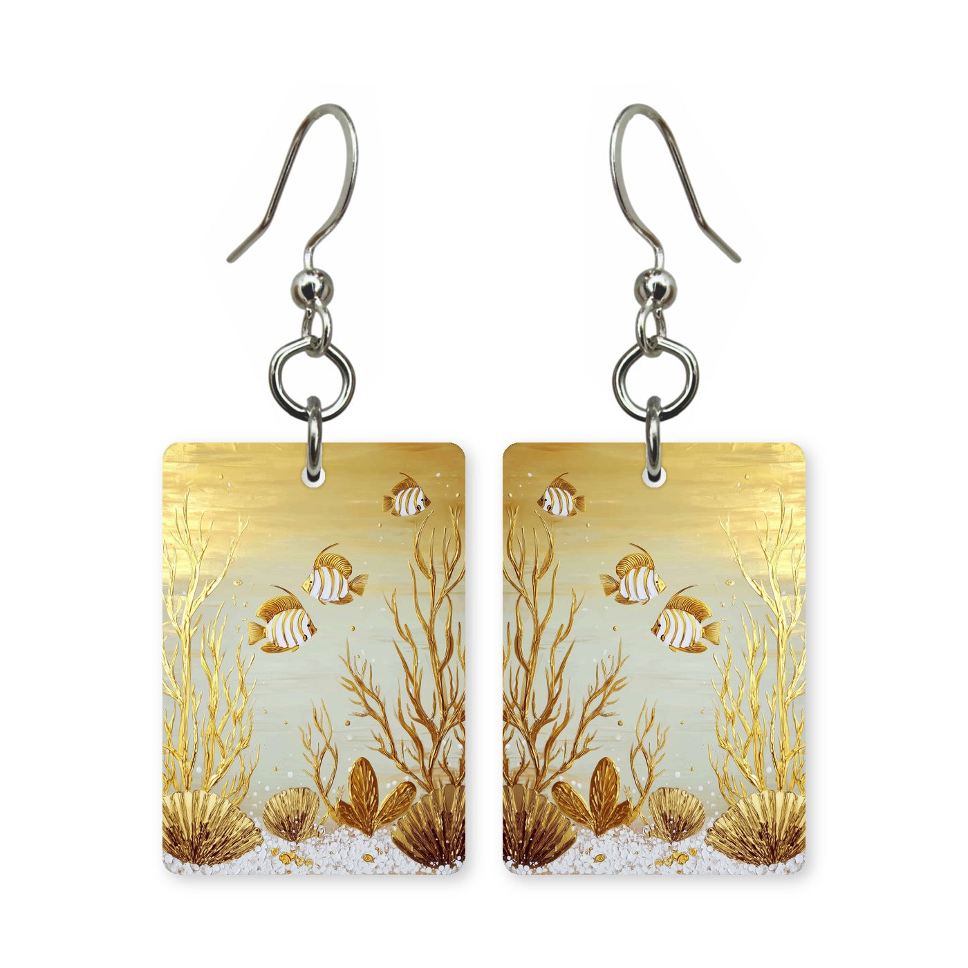 Golden reef earrings — coral reef lit gold from above, cut-paper art, made in USA