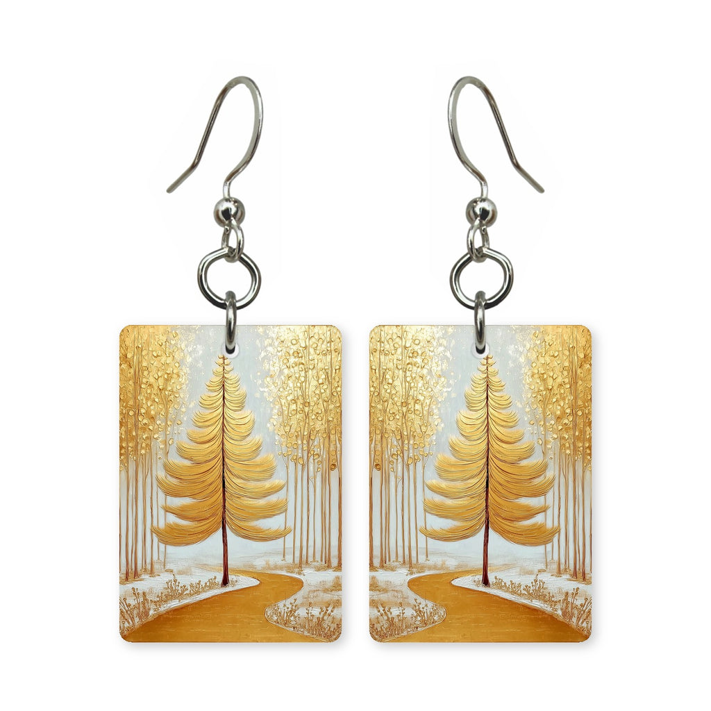 Amber pathway earrings — path through amber autumn trees, cut-paper landscape, made in USA