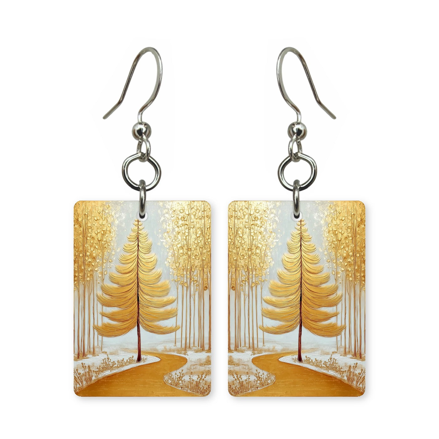 Amber pathway earrings — path through amber autumn trees, cut-paper landscape, made in USA
