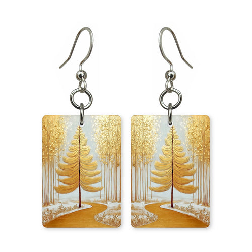 Amber pathway earrings — path through amber autumn trees, cut-paper landscape, made in USA