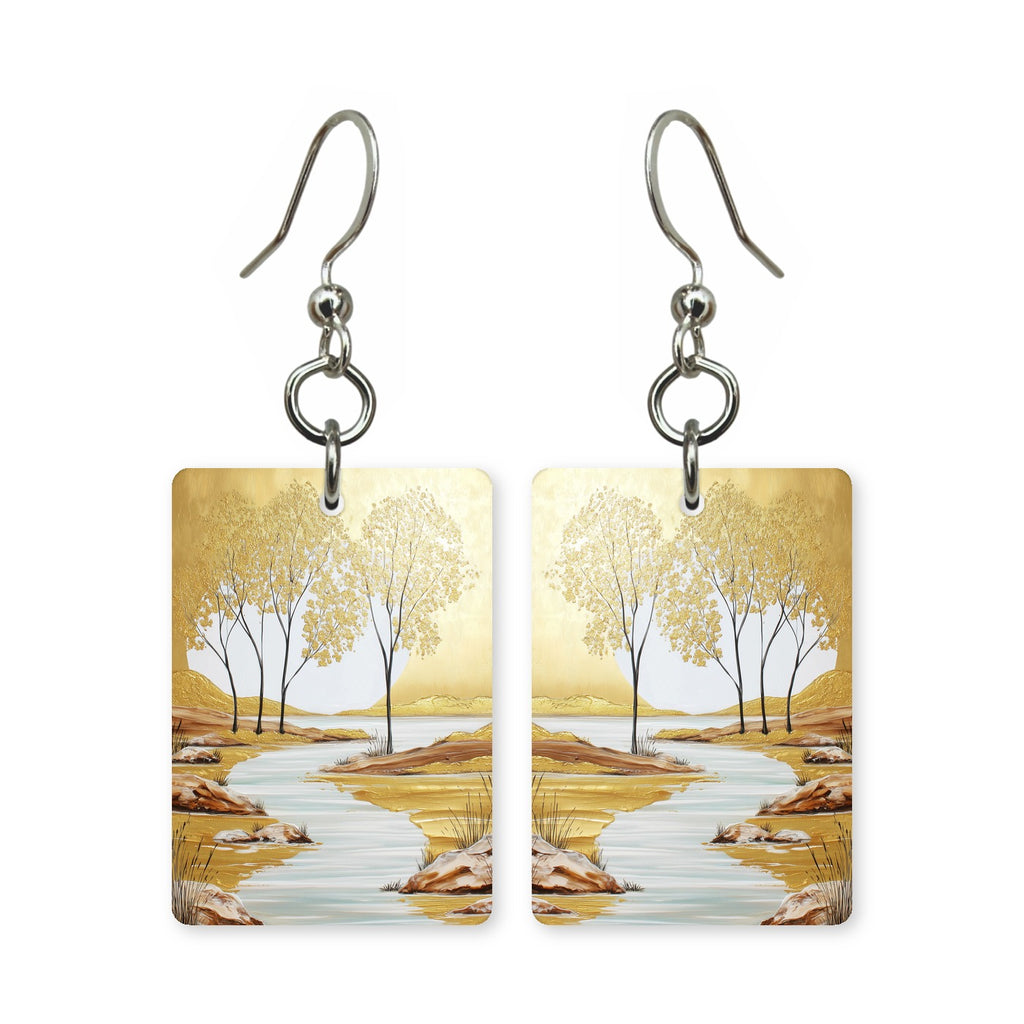 Golden grove earrings — grove of gold autumn trees in cut-paper landscape, made in USA