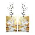 Golden grove earrings — grove of gold autumn trees in cut-paper landscape, made in USA