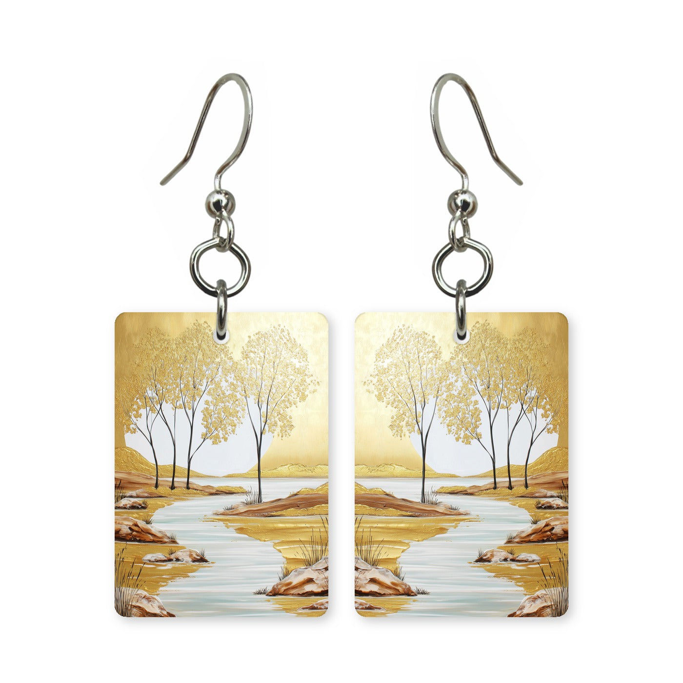 Golden grove earrings — grove of gold autumn trees in cut-paper landscape, made in USA