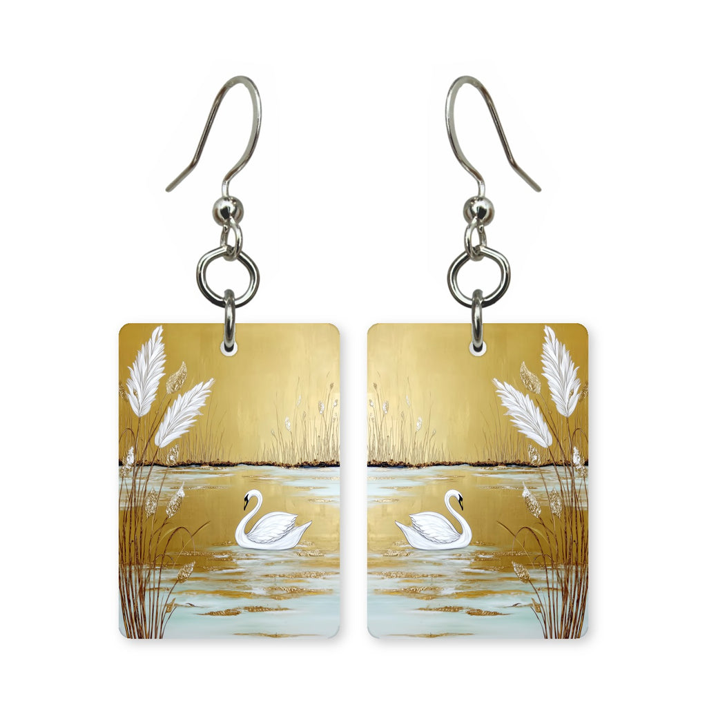 Golden swan earrings — swan on gold water in cut-paper art, made in USA