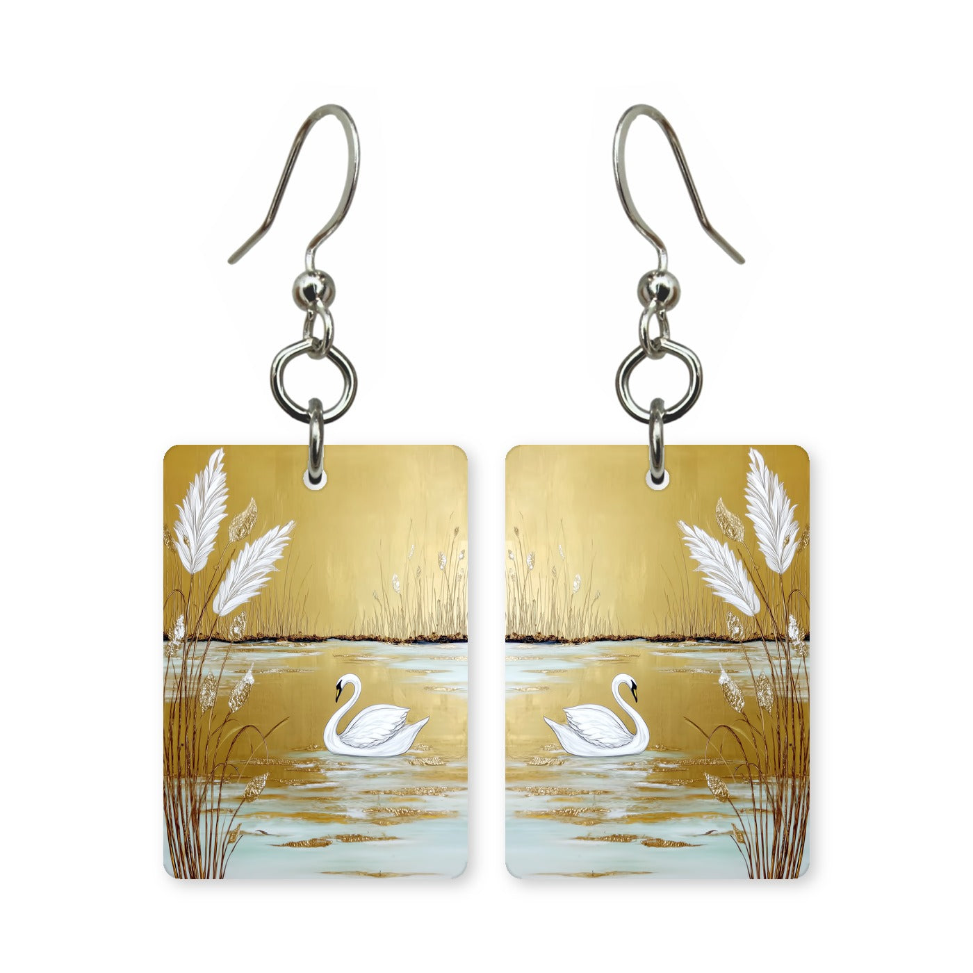 Golden swan earrings — swan on gold water in cut-paper art, made in USA
