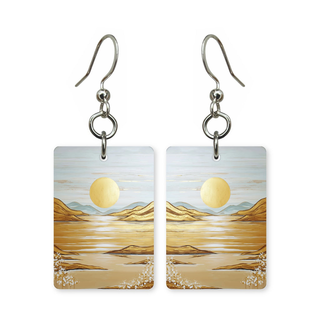 Golden valley earrings — rolling gold hills at low sun in cut-paper landscape, made in USA