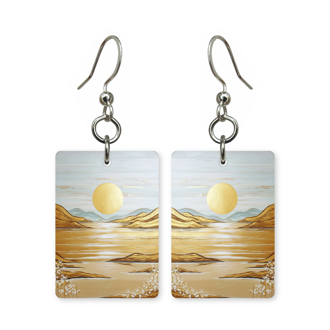 Golden valley earrings — rolling gold hills at low sun in cut-paper landscape, made in USA