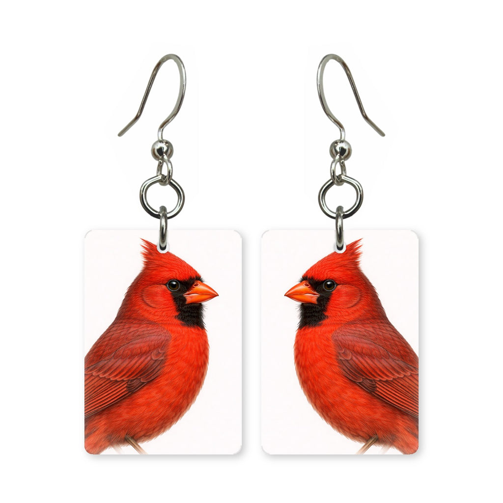 Scarlet cardinal earrings — red cardinal with raised crest and black mask, made in USA