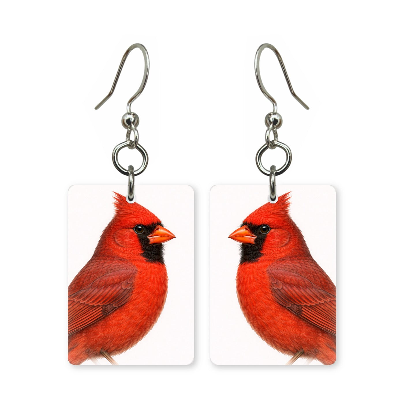 Scarlet cardinal earrings — red cardinal with raised crest and black mask, made in USA