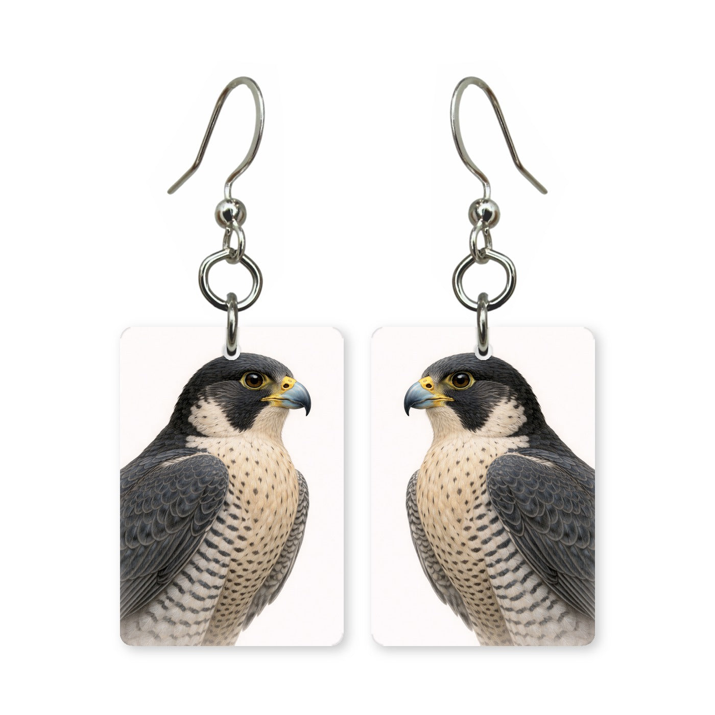 Peregrine falcon earrings — falcon in sharp profile, cut-paper portrait, made in USA