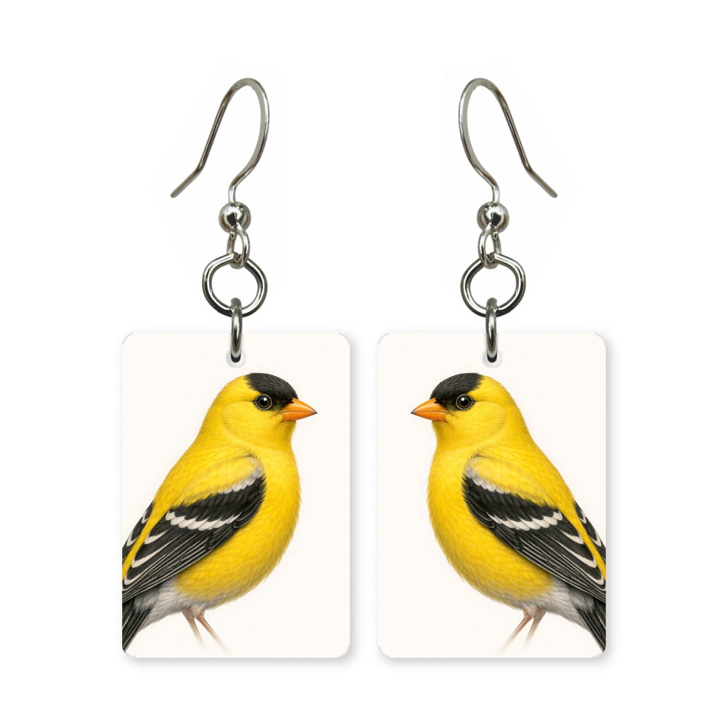 American goldfinch earrings — bright yellow finch with black cap in cut paper, made in USA