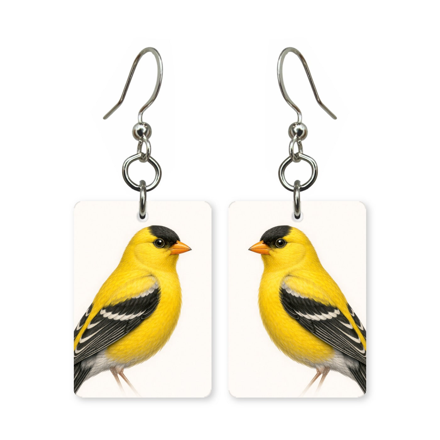 American goldfinch earrings — bright yellow finch with black cap in cut paper, made in USA