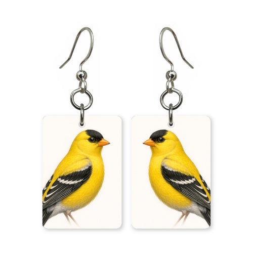 American goldfinch earrings — bright yellow finch with black cap in cut paper, made in USA
