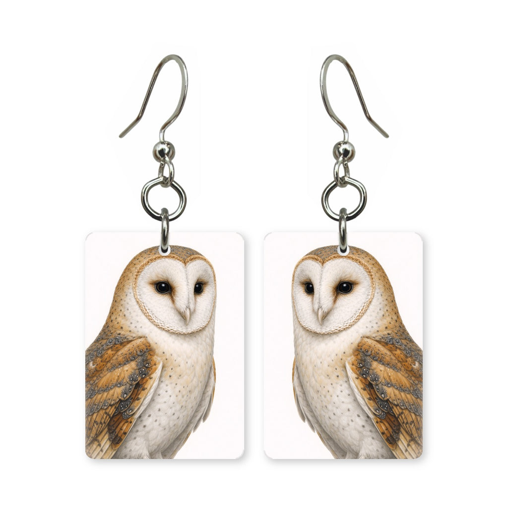 Barn owl earrings — heart-faced barn owl with dark eyes in cut paper, made in USA