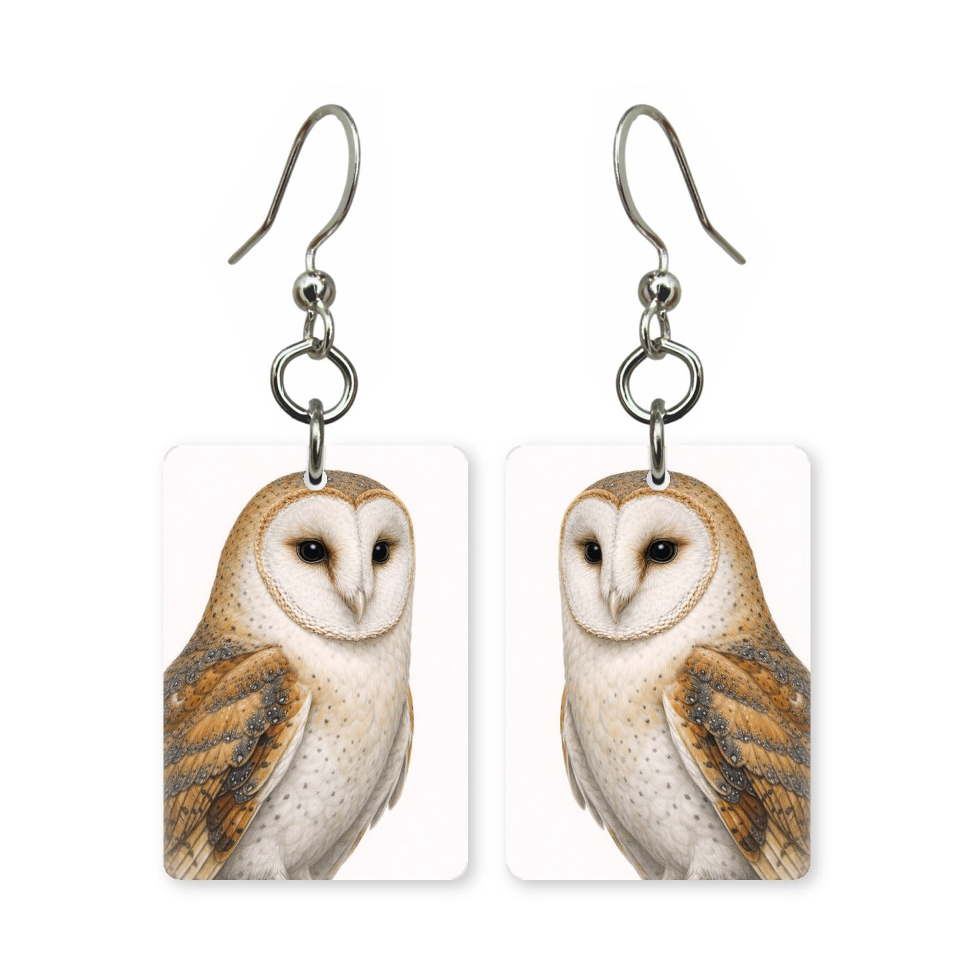 Barn owl earrings — heart-faced barn owl with dark eyes in cut paper, made in USA