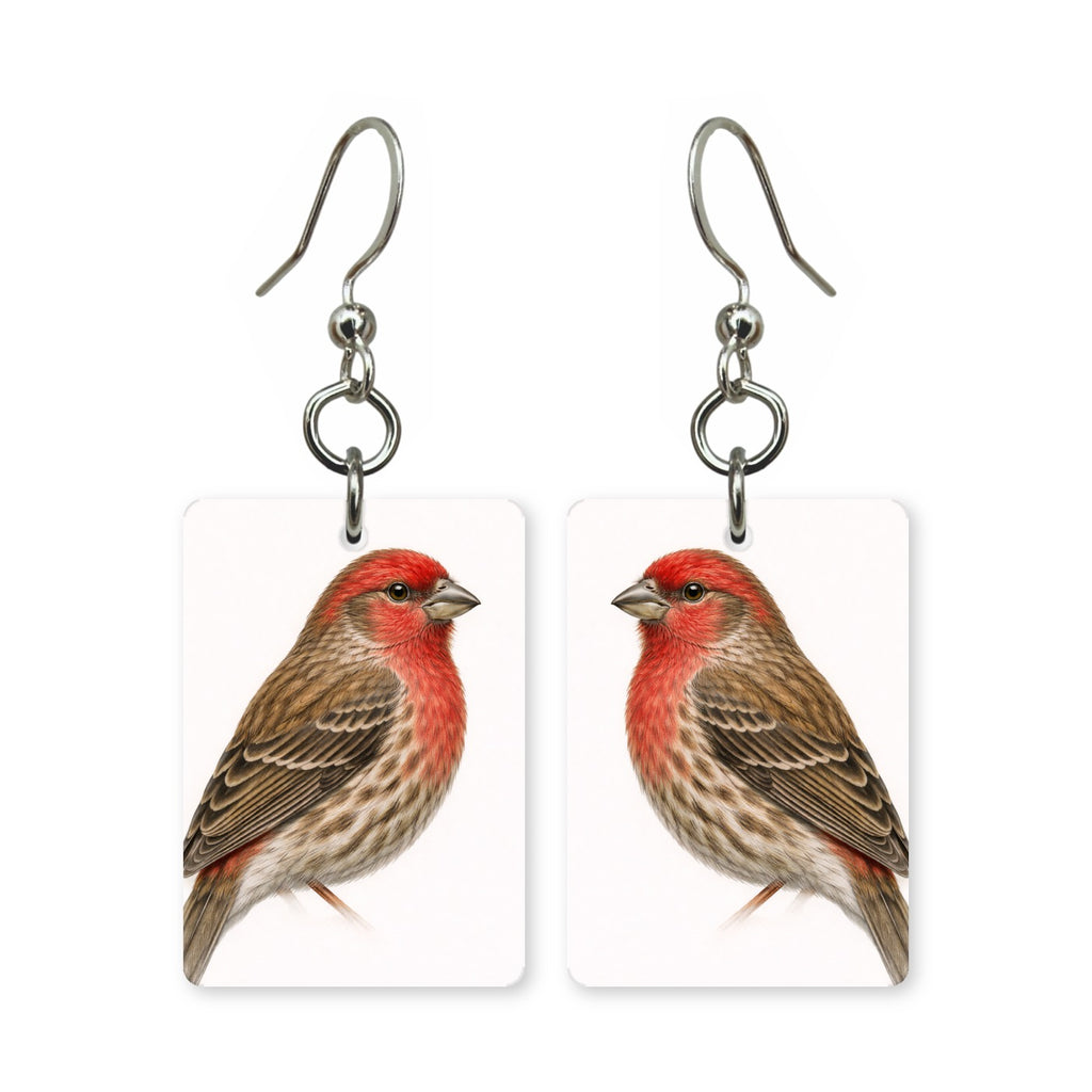 House finch earrings — red-headed streaked finch in cut-paper portrait, made in USA