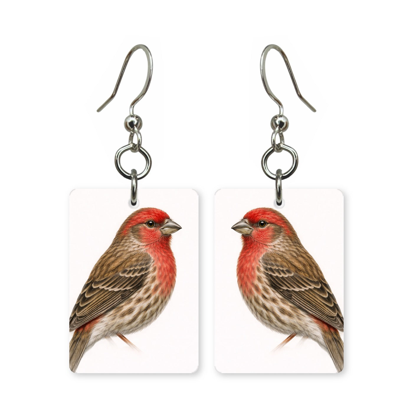 House finch earrings — red-headed streaked finch in cut-paper portrait, made in USA
