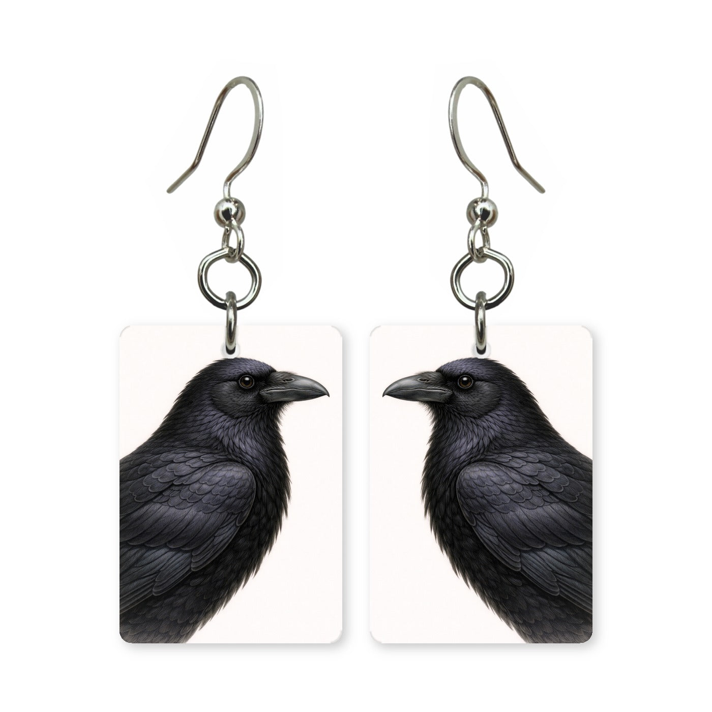 Midnight raven earrings — black raven with oil-slick sheen in cut-paper portrait, made in USA