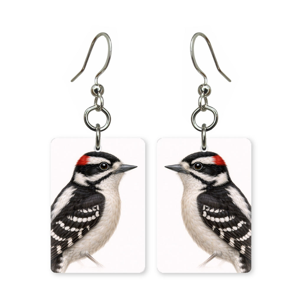 Downy woodpecker earrings — checkered woodpecker with red cap in cut paper, made in USA