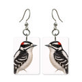 Downy woodpecker earrings — checkered woodpecker with red cap in cut paper, made in USA