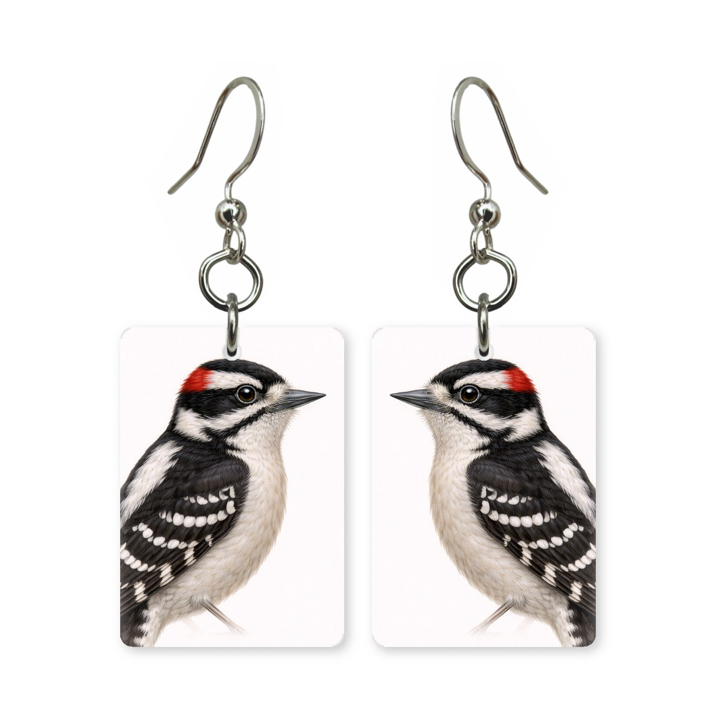 Downy woodpecker earrings — checkered woodpecker with red cap in cut paper, made in USA