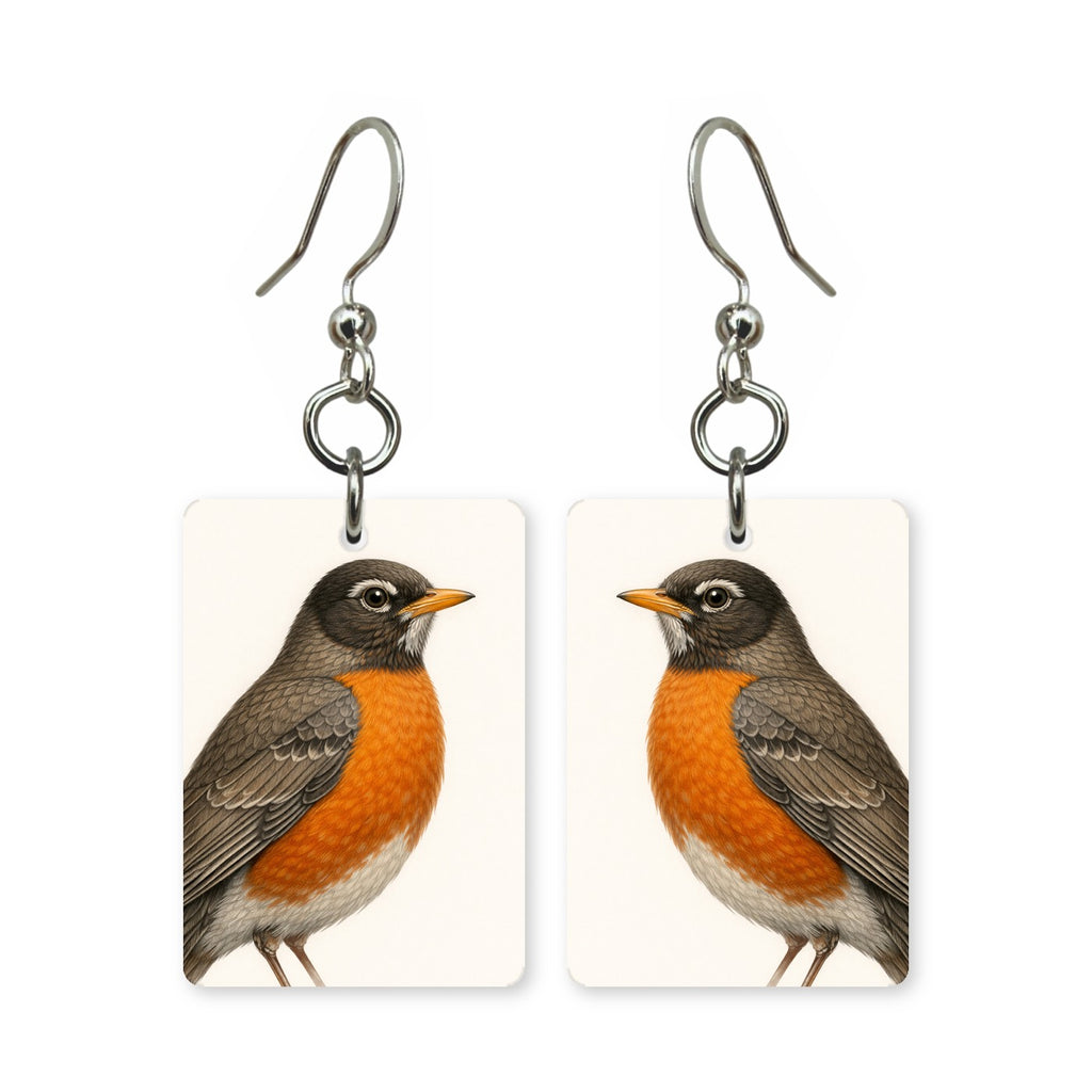 American robin earrings — red-breasted robin in cut-paper portrait, made in USA