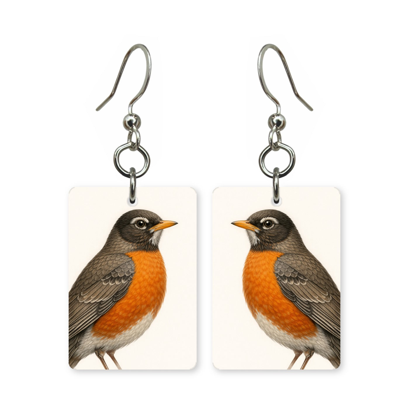 American robin earrings — red-breasted robin in cut-paper portrait, made in USA