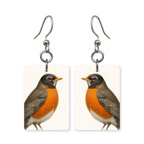 American robin earrings — red-breasted robin in cut-paper portrait, made in USA