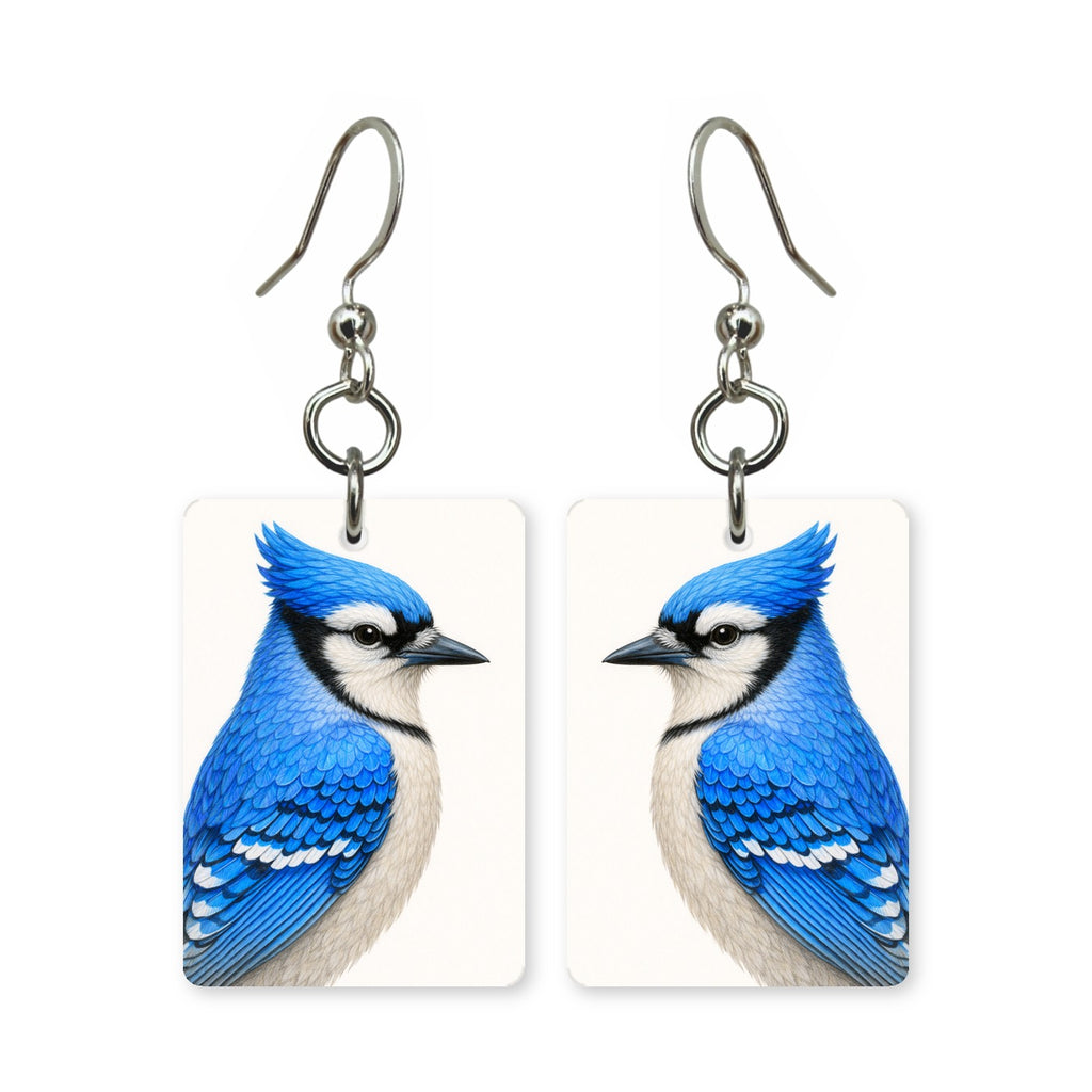 Blue jay earrings — crested blue jay with barred wings in cut-paper portrait, made in USA
