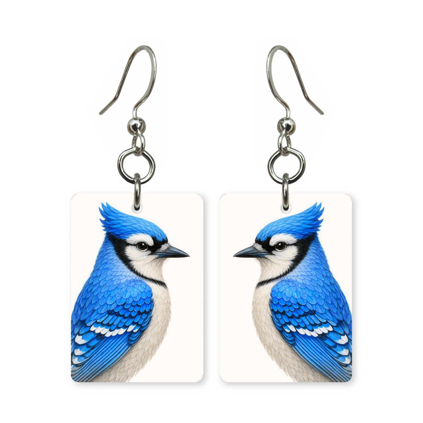 Blue jay earrings — crested blue jay with barred wings in cut-paper portrait, made in USA