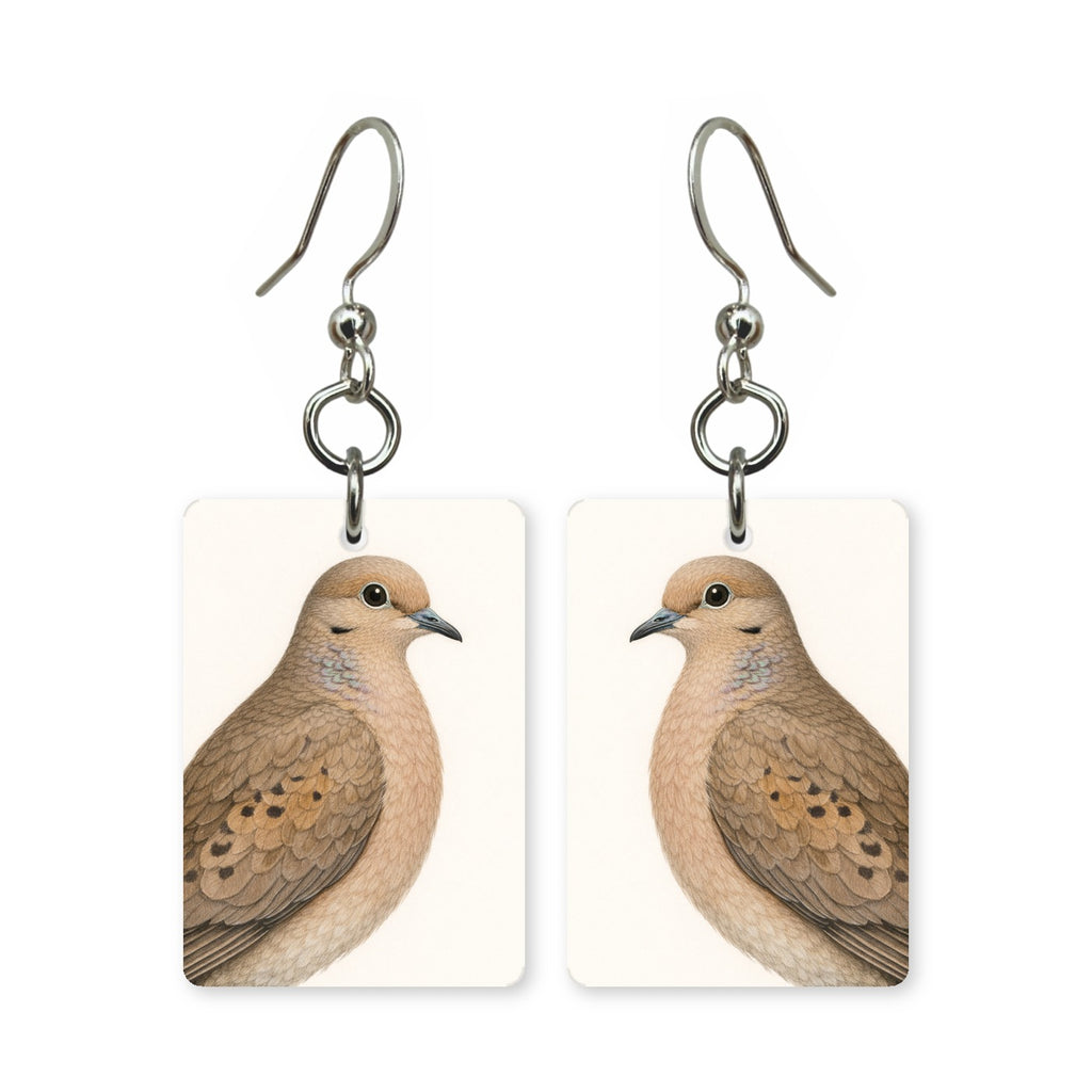 Mourning dove earrings — soft grey dove in cut-paper portrait, made in USA