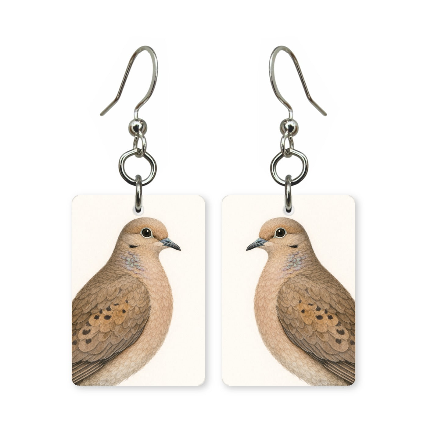 Mourning dove earrings — soft grey dove in cut-paper portrait, made in USA