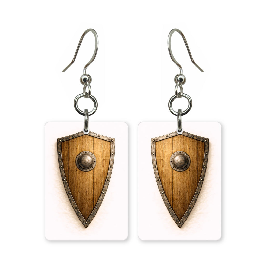 Wooden shield earrings — Celtic banded wooden shield, cut-paper art, made in USA