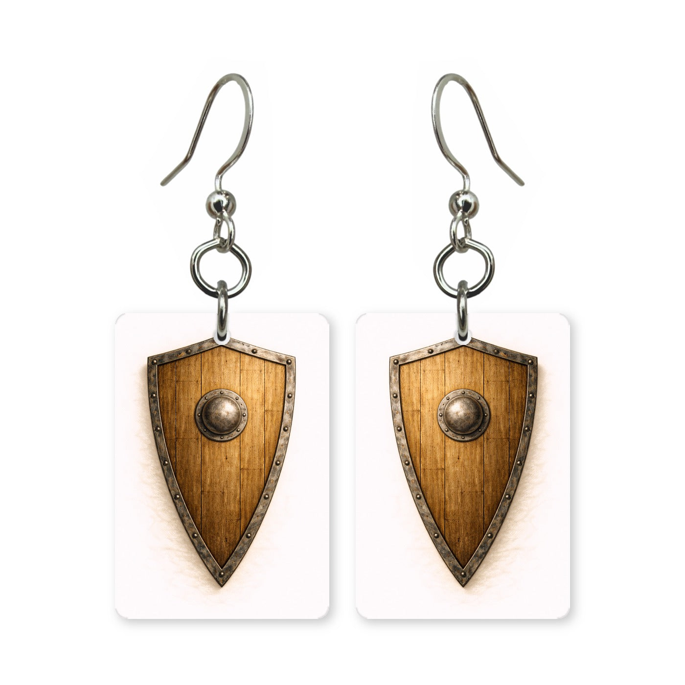 Wooden shield earrings — Celtic banded wooden shield, cut-paper art, made in USA