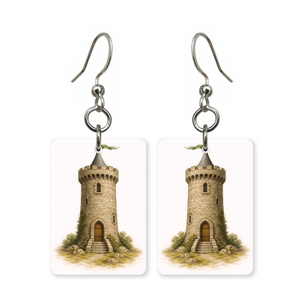 Round tower earrings — Irish round tower standing alone, cut-paper art, made in USA