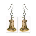 Round tower earrings — Irish round tower standing alone, cut-paper art, made in USA