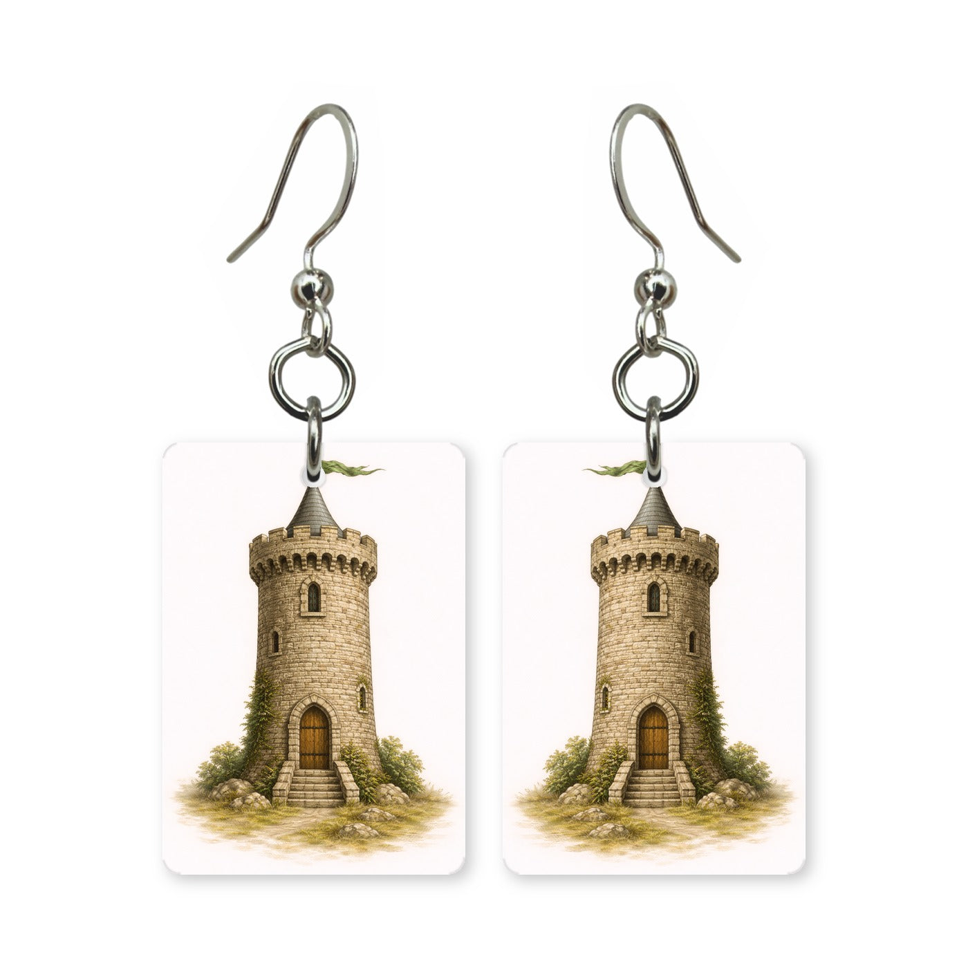 Round tower earrings — Irish round tower standing alone, cut-paper art, made in USA