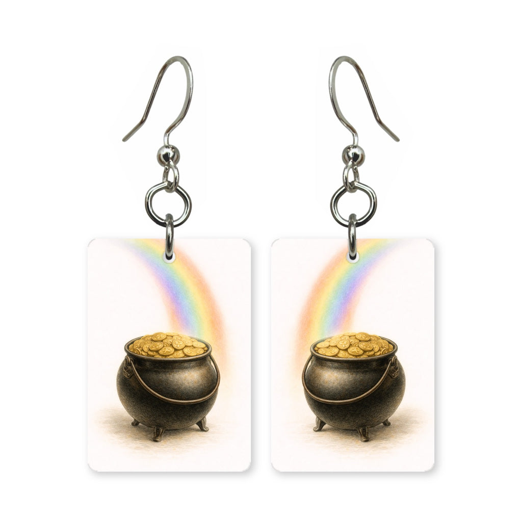 Pot of gold earrings — pot of gold at the end of a rainbow, cut-paper art, made in USA
