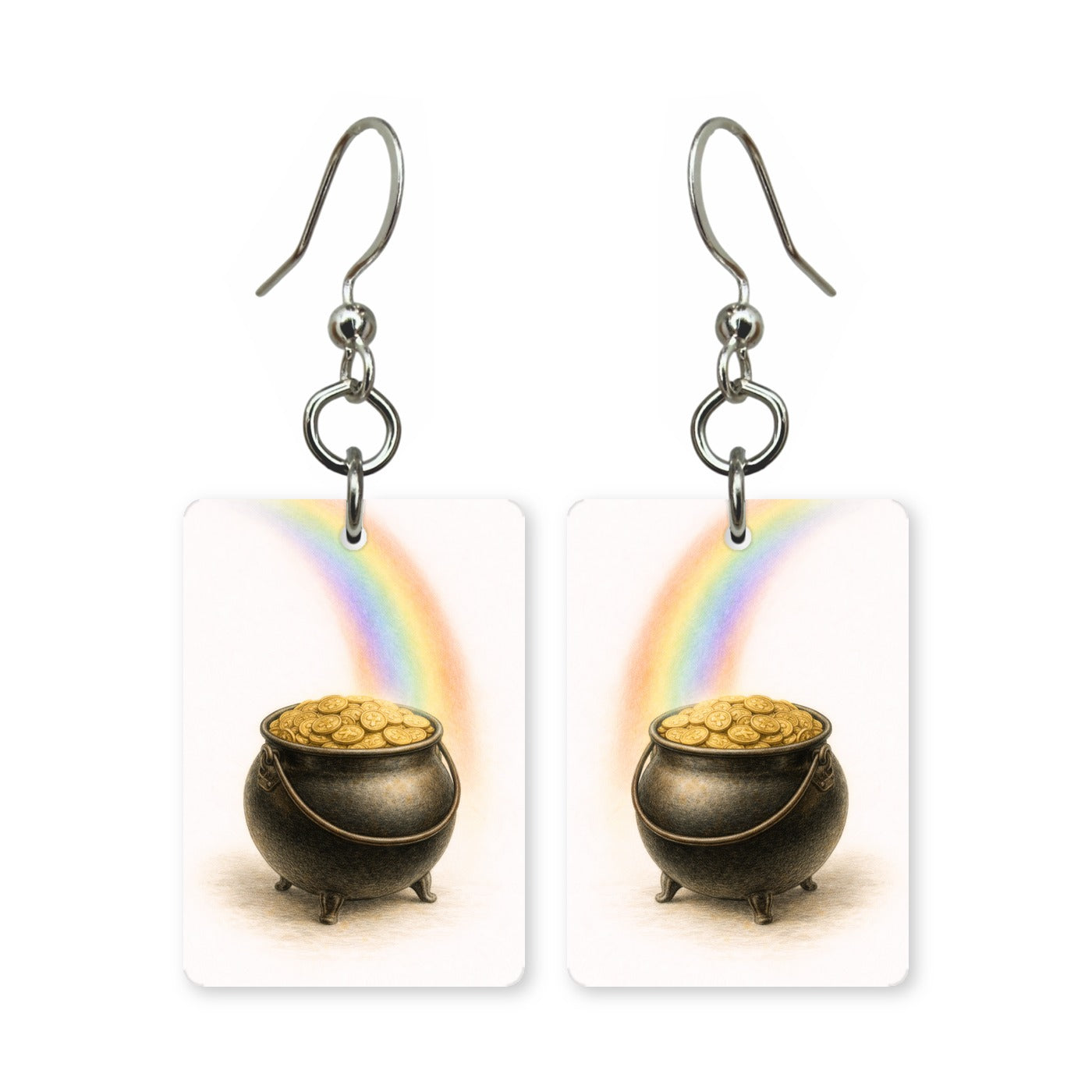 Pot of gold earrings — pot of gold at the end of a rainbow, cut-paper art, made in USA