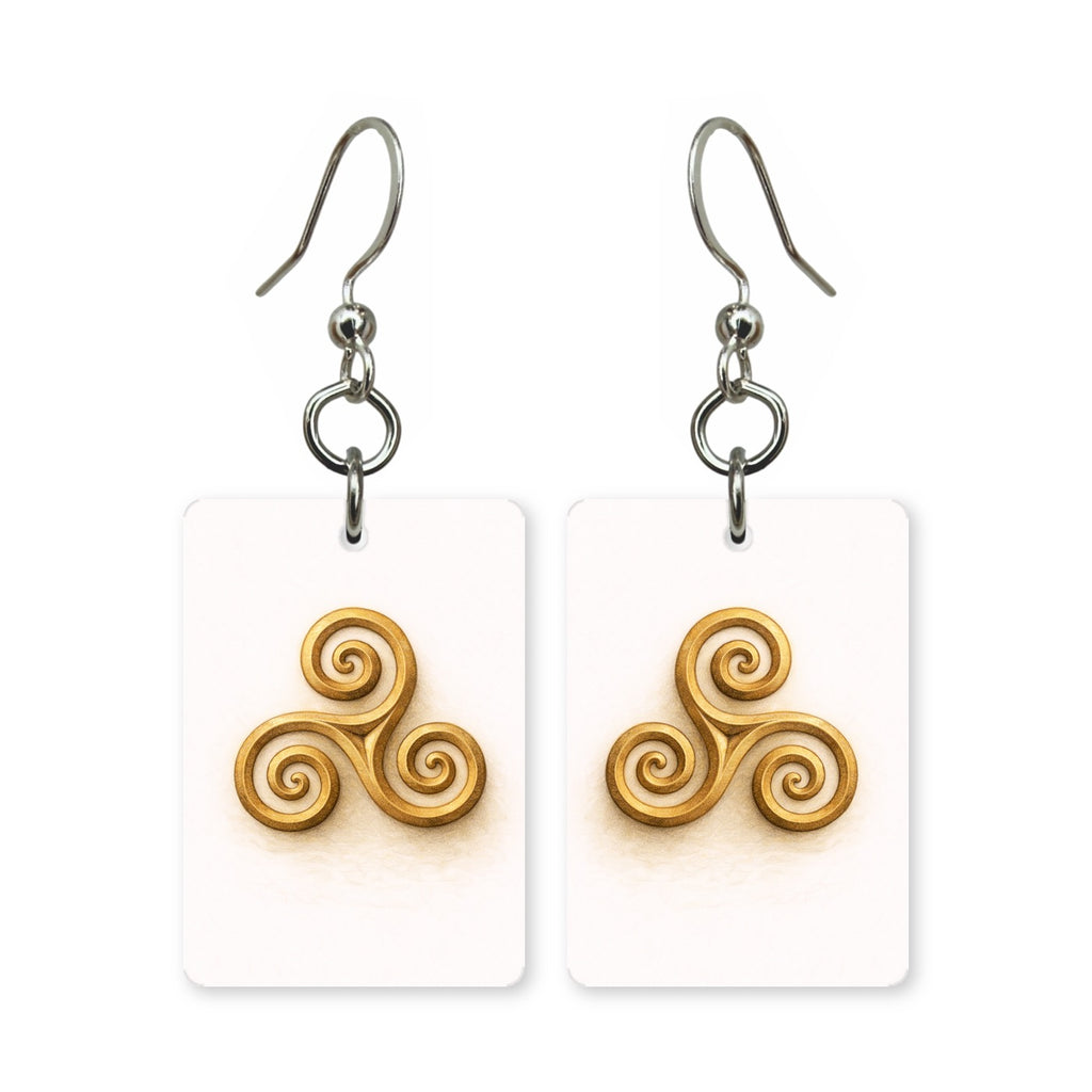 Celtic triskele earrings — three-armed Celtic spiral, cut-paper art, made in USA