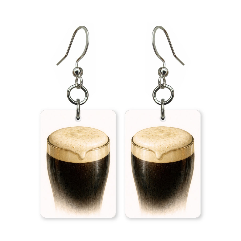 Irish stout earrings — pint of stout with settled head, cut-paper art, made in USA